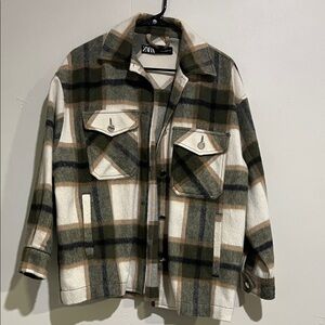 Zara Olive Green & Cream Plaid Shacket Jacket